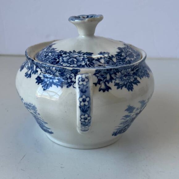 Vintage Salem China English Village Sugar Bowl & Lid Blue Olde Staffordshire - Picture 6 of 12